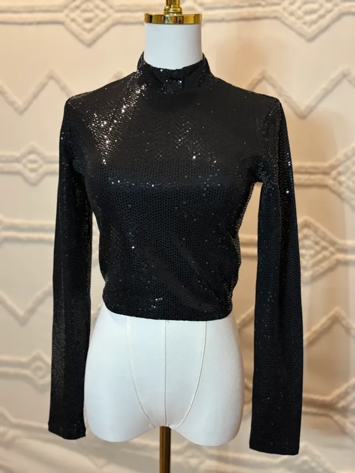 Top noir à sequins dos-nu Tally Weijl – col montant manches longues – taille S – état neuf y2k