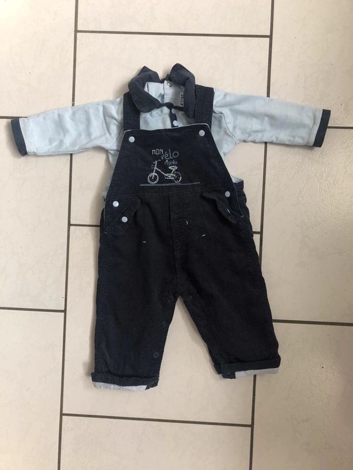 Ensemble sucre d’orge salopette bleue + haut 6 mois