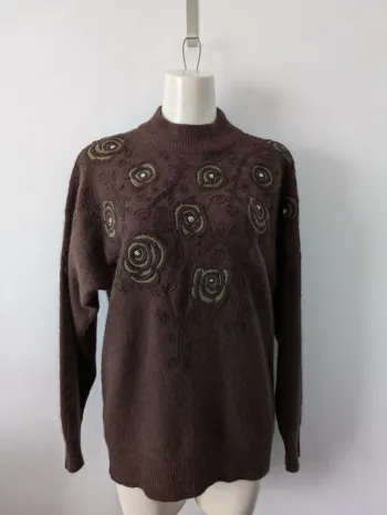 Pull chaud brodé vintage - laine agneau angora - taille 42