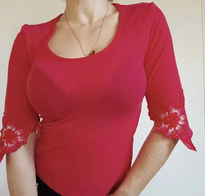 💗haut femme sexy chic rouge rose fushia avec brodé fleur t s 36 made in Italy malizia by la perla - photo numéro 3