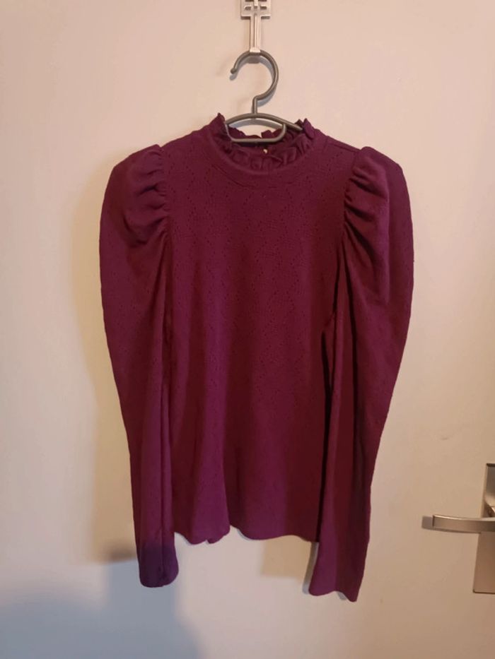 Blouse Chemisier pourpre coton à broderie Promod Taille M En très bon état - photo numéro 2
