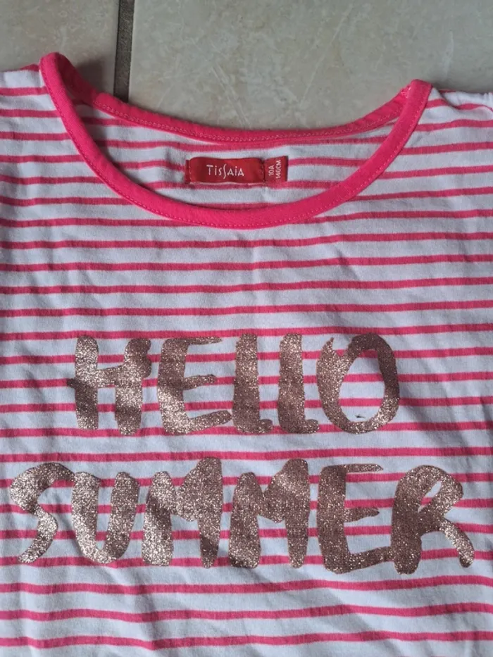 Tee shirt manches courtes à rayures rose/blanc 10 ans 👧 Tissaia en TBE - photo numéro 2