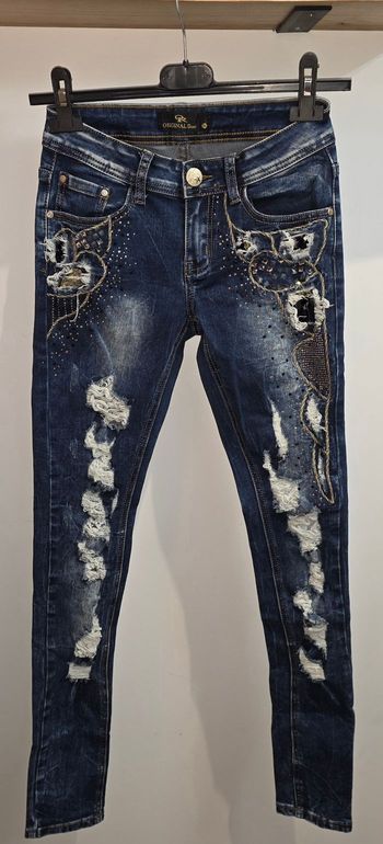 Jeans effet troué, strass/paillettes XS