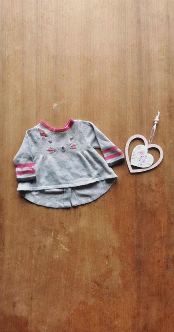 🌼 Catimini pull tout doux 🇨🇵 crée en France brodé fleurs souris gris rose 1 mois 53cm