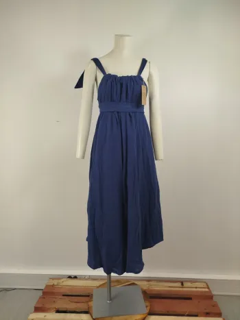 Robe longue Quintessence bleue gaze de coton made in France taille unique bretelles nouées A1615