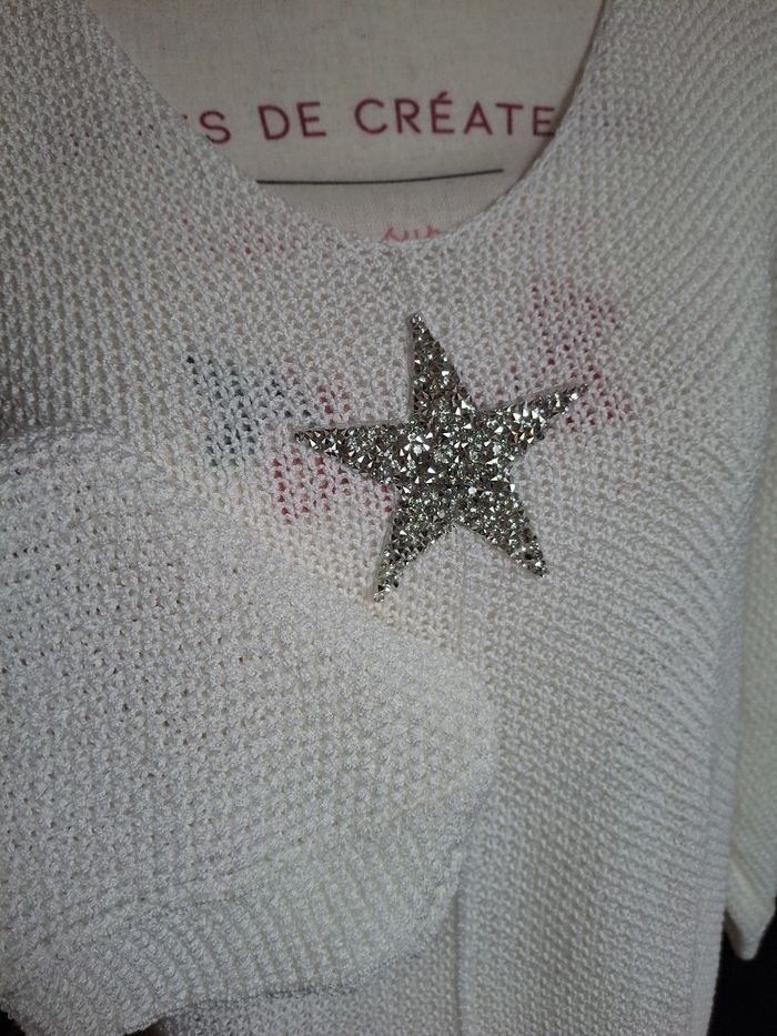 Pull blanc mailles nid d'abeilles étoile strass neuf - photo numéro 2