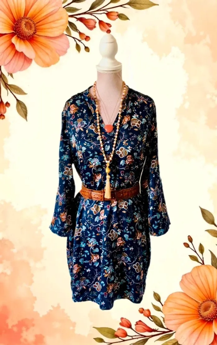 💐Tunique vintage bohème fleurie Goa S/36 Boho hippie chic floral silky Tunic💐 - photo numéro 2