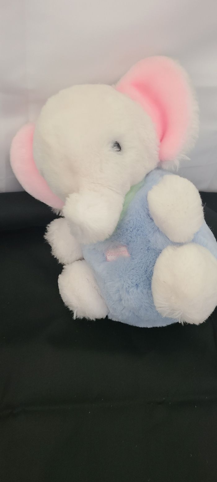 Ancienne peluche doudou Elephant Vintage bleu blanc rose grelot Boulgom 22 cm - photo numéro 4