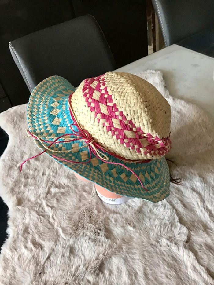 Chapeau de paille taille unique beige bleu et rose - photo numéro 2