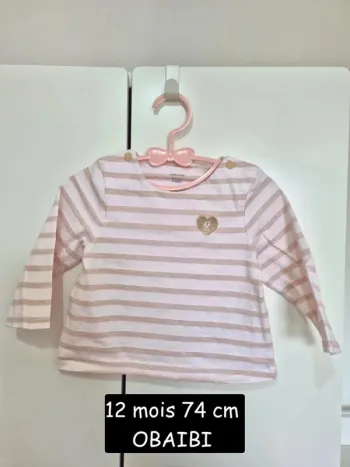 Collection 2025 T-shirt marinière rayé OBAIBI 12 mois 74cm  coton bio rose bébé fille