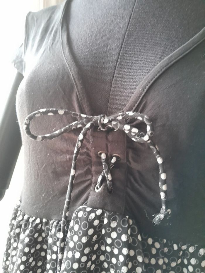 Haut tunique bi-matière à pois noir et blanc Taille 42 decolté - photo numéro 4