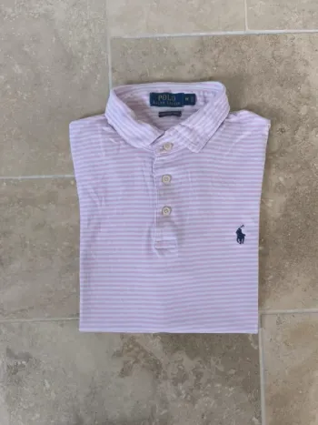 Polo Ralph Lauren homme M rayures rose et blanc logo marine Pima excellent état sauf tâche devant
