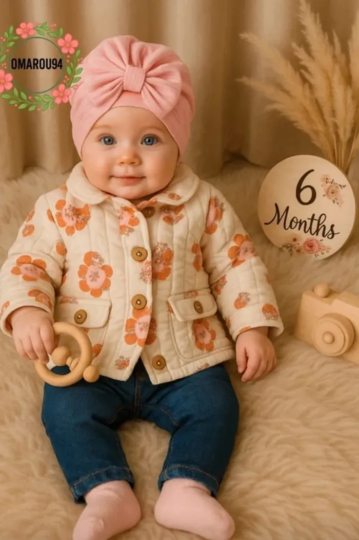 Manteau molleton épais fleuri et turban sergent major fille 6 mois 🎀