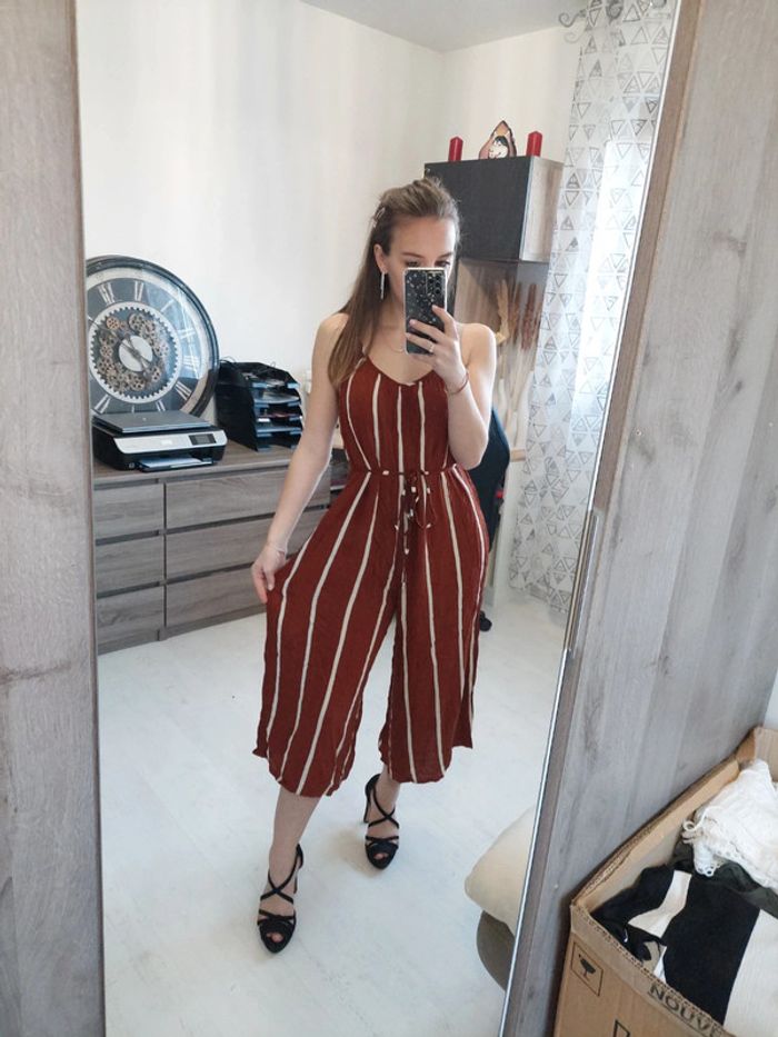 Combipantalon femme rayé marron et blanc t34