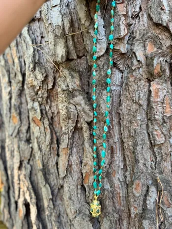 Collier sautoir  pierres amazonites grigri malachite acier