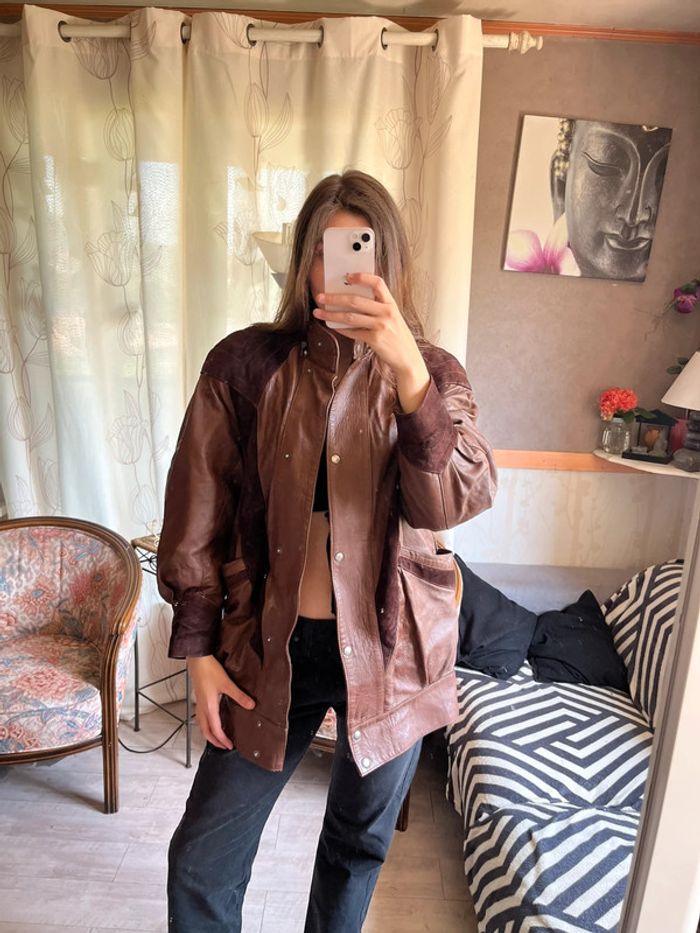 Veste bomber bombardier en cuir vintage motard biker moto western country - photo numéro 2
