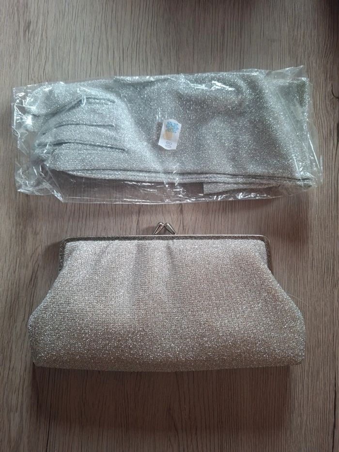 Pochette avec Gant assorti blanc argenté paillettes