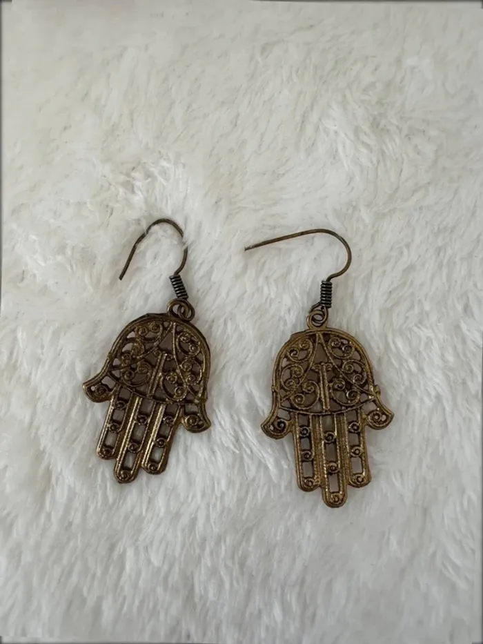 Boucles d’oreilles pendantes main Hamsa vintage bronze boho - photo numéro 3