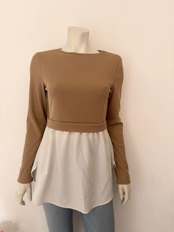 🌺T-shirt/ Blouse marron et blanc manche longue style 2 en 1 Taille L/40🌺