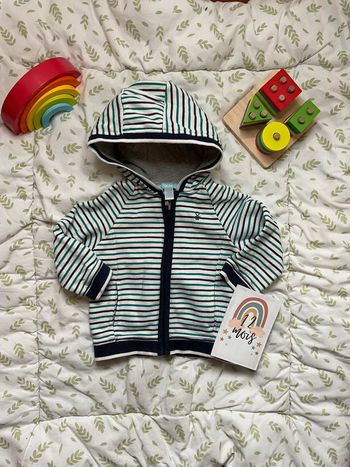 gilet zippé à capuche blanc rayé vert et marine 12 mois obaibi