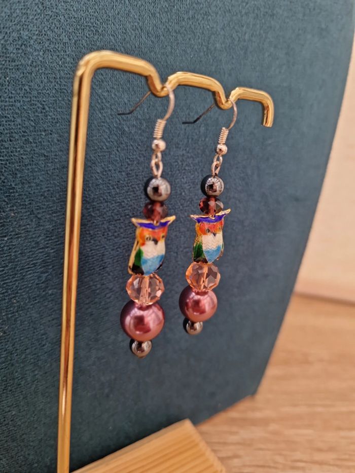 Boucles D'oreilles Hibou Perles Roses Grises Cristal - photo numéro 5