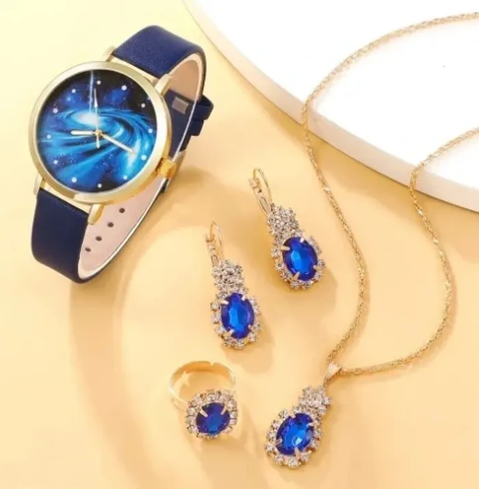 Montre à cadran ciel étoilé pour femme, design de marque, horloge, bracelet en cuir bleu - photo numéro 2
