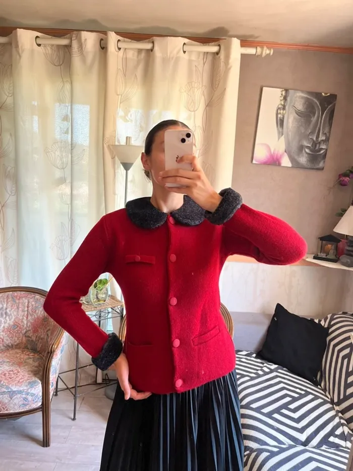 Veste cardigan col Claudine old money vintage laine velours pin up