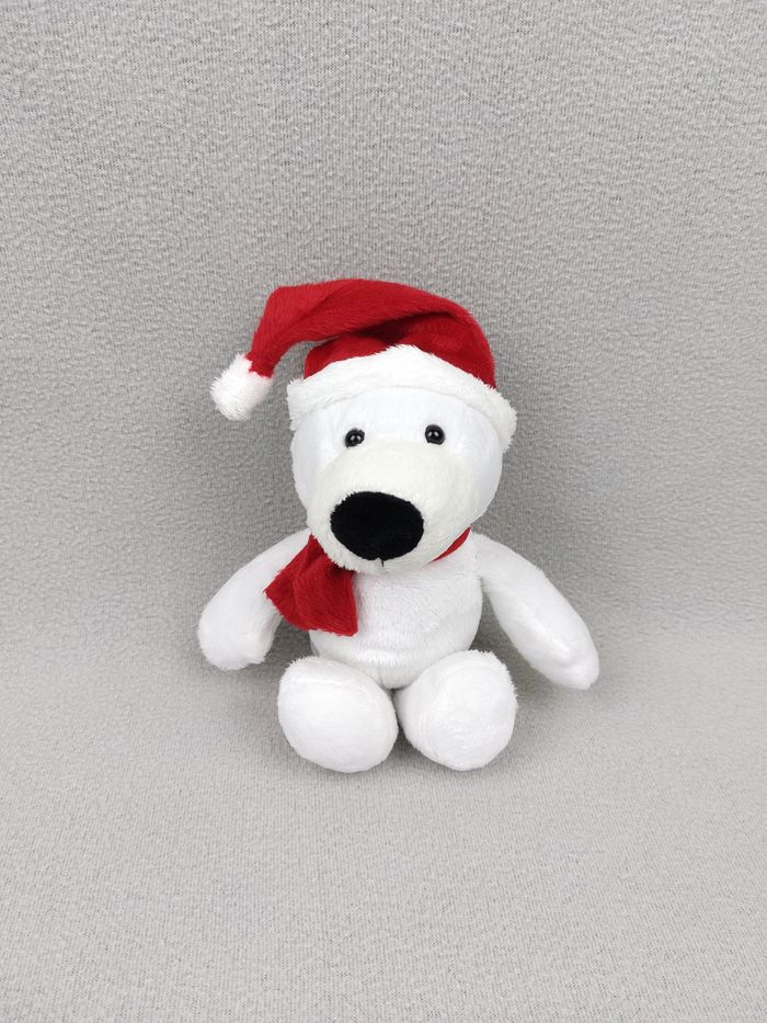 Doudou peluche ours polaire blanc bonnet Noël 22 cm KINDER Ferrero écharpe rouge