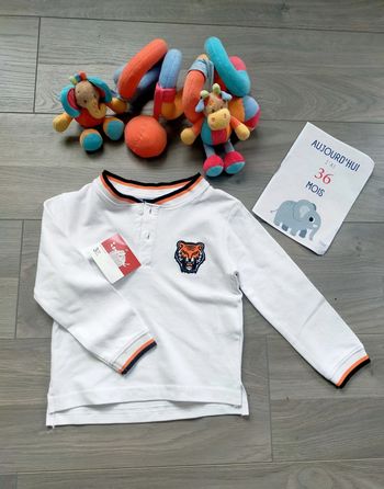 Polo blanc manches longues tigre 3 ans neuf Influx
