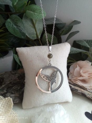 Collier colibri argenté et connecteur en pierre de labradorite