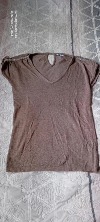 Pull  long chaud manches courtes avec strass beige femme L suncoo Paris