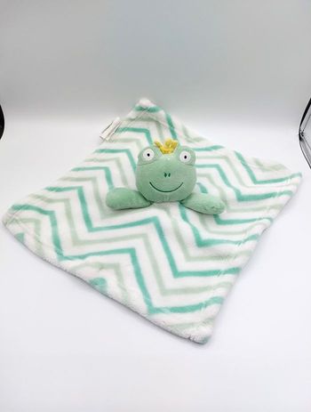Doudou plat grenouille carré vert blanc SL Home Fashions couronne jaune - a12663