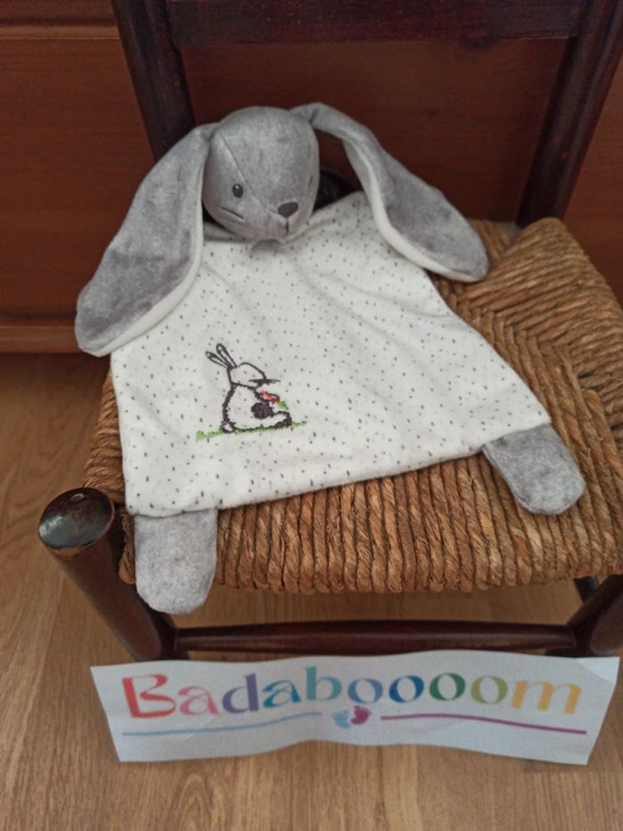 Doudou lapin gris et blanc mots d enfants tbe - photo numéro 2