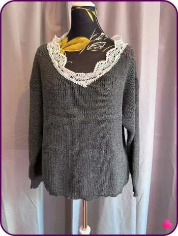 Pull Gris Shein - Col V avec Dentelle - Taille S