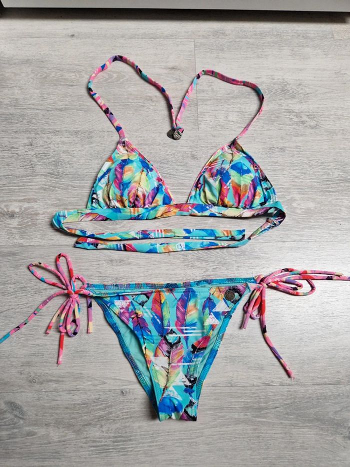 Maillot de bain bikini 2 pièces Banana Moon XS turquoise plumes