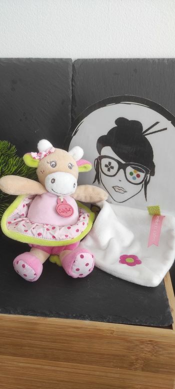 Coquillette vache Doudou mouchoir rose vert pois fleur bn0171 noeud Baby Nat