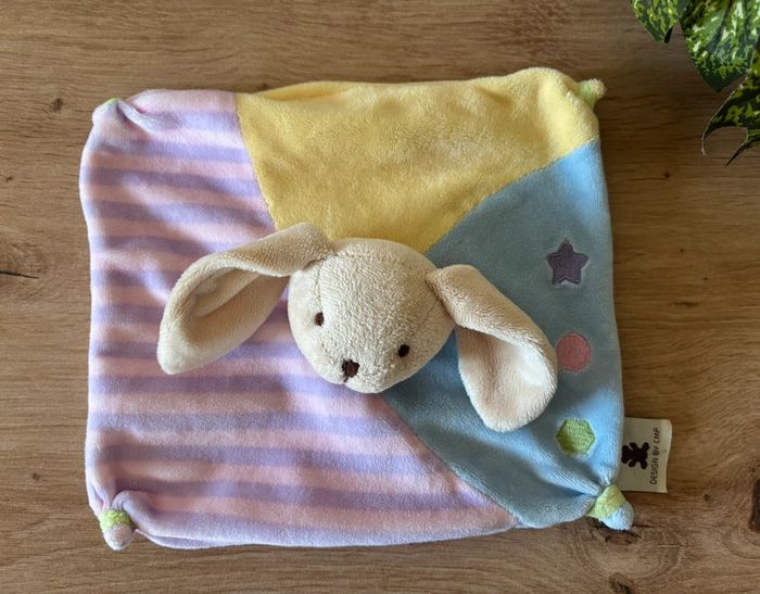 Doudou plat lapin bleu rose jaune rayé mauve cmp - photo numéro 2