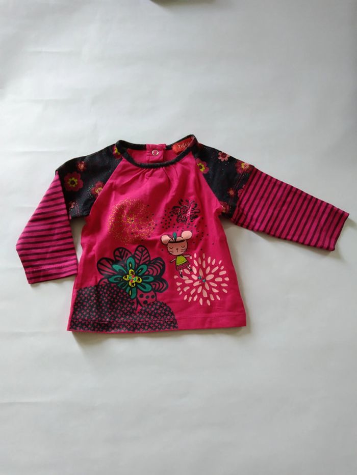tee shirt manches longues rose et rayé tissaia fille 3 mois