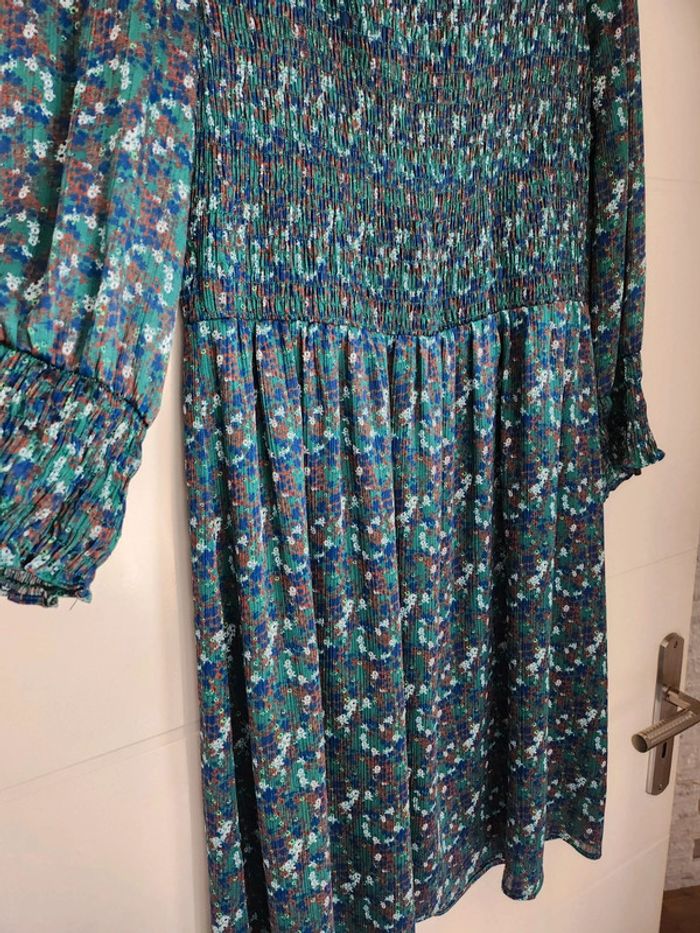 Robe fleurs smocks bleu vert Promod