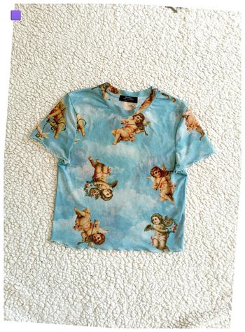 T-shirt bleu ciel à imprimé anges – Taille S