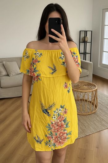 Robe épaules dénudées jaune à fleurs – Forever 21 – Taille S