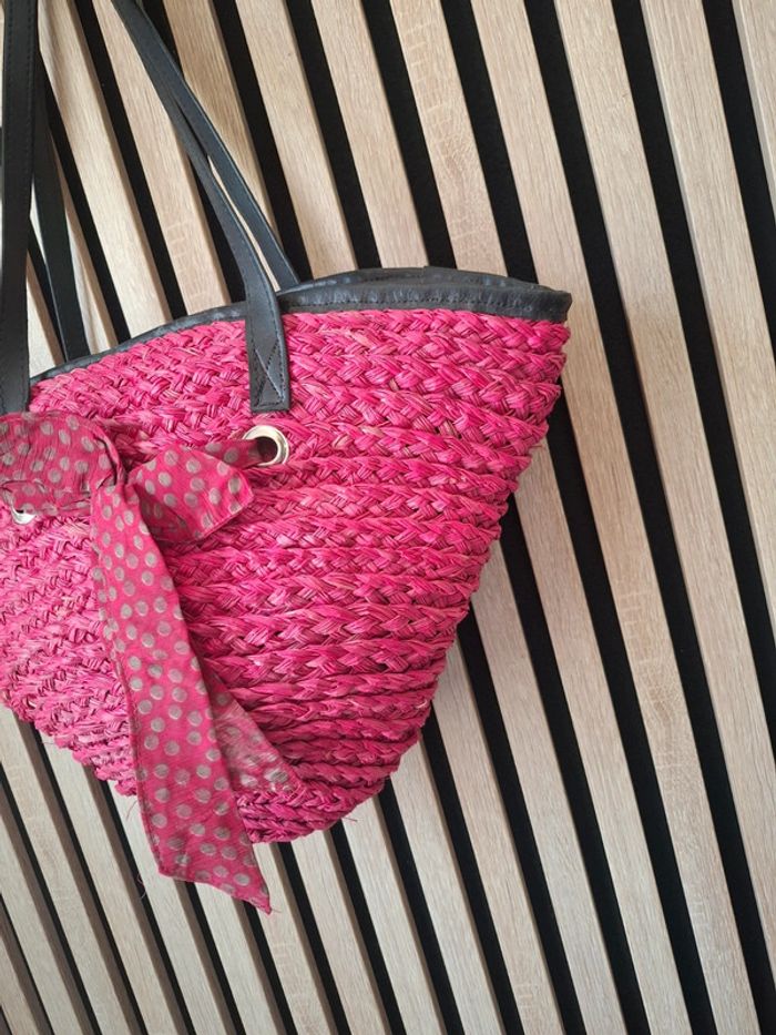 Sac cabat bandoulière rotin maille rose fushia - photo numéro 3
