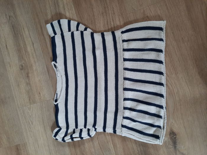 Pull fille manches courtes rayé bleu marine/écru fait main 8/10 ans