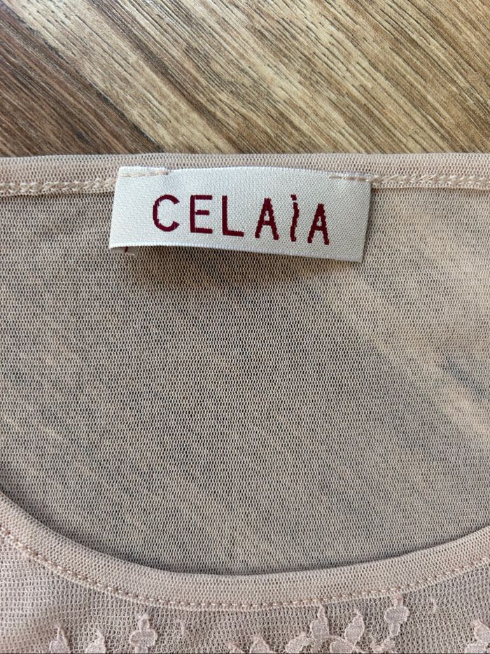 Top / Sous-Pull Transparent Celaia - Dentelle et Tulle Froncé - Rose Poudré - photo numéro 2