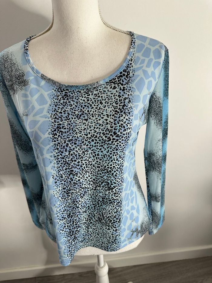 Blouse à manches longues léopard girafe bleu clair et noir Y2K Vintage T42/44 XL/XXL - photo numéro 8