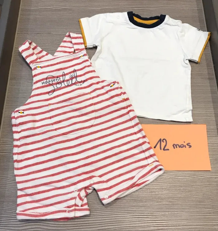Salopette marinière rouge teeshirt blanc 12 mois Terre de Marins 🍋 - photo numéro 2