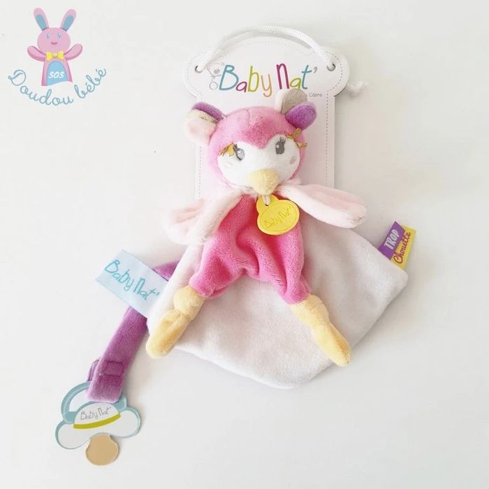 Doudou plat Chouette Melle Lou rose blanc attache tétine Baby Nat