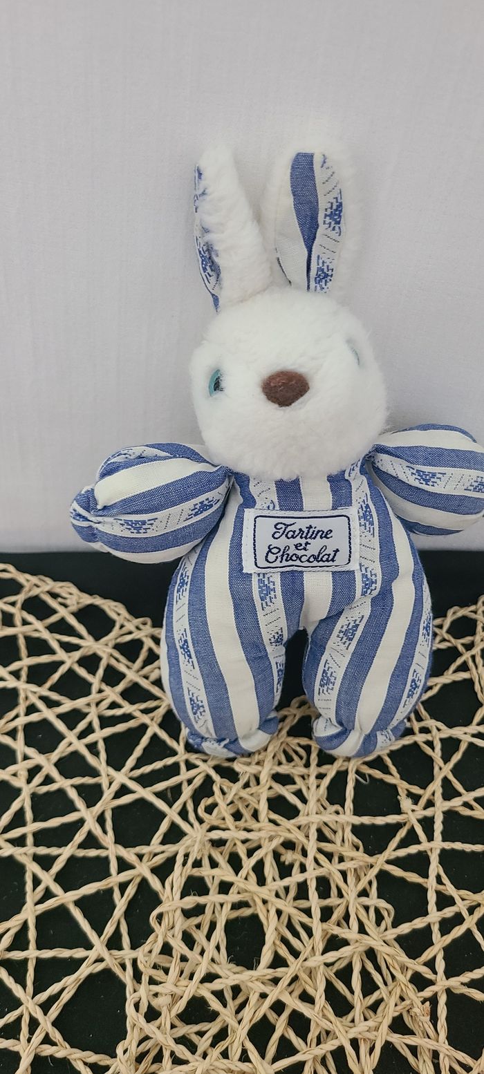 Doudou Peluche Vintage Tartine Et Chocolat Lapin Bleu Rayé