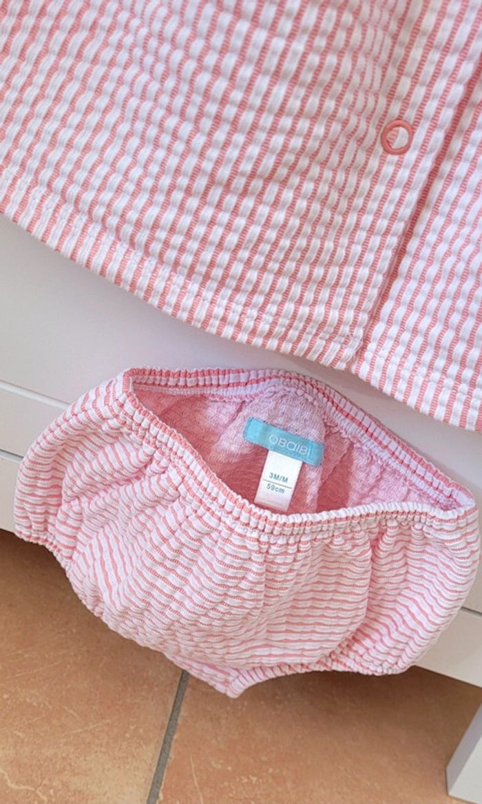 Magnifique Ensemble Robe et Culotte Vichy rose et blanc Obaïbi 3mois Neuf - photo numéro 4