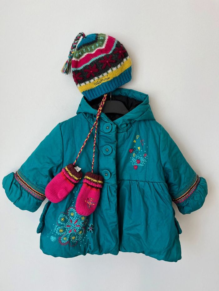 Ensemble parka à capuche turquoise + bonnet + moufles - Catimini 6 mois - photo numéro 2